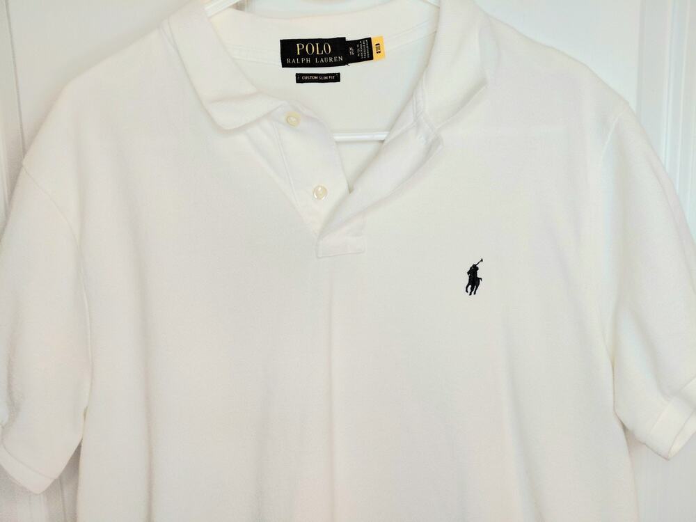 Polo Ralph Lauren Shirt Mens XL White Custom Slim Fit Mesh Polo Black Pony Exc